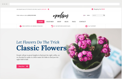 Madison - Flowers, Plant, Beauty, Gardening tools, Food store, Nursery Shopify Theme